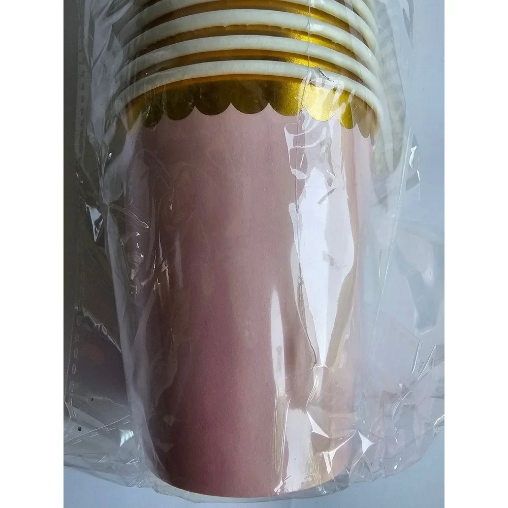Pink Paper Cups with Gold Scalloped Border 9oz 40 Pcs Biodegradable Party Cup